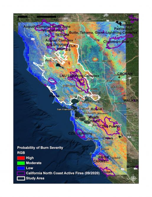 This map overlays the probability of burn severity in California’s northern coastal mountains, as forecasted in a UC Davis study, with burn perimeters of wildfires burning in September 2020. (UC Davis)