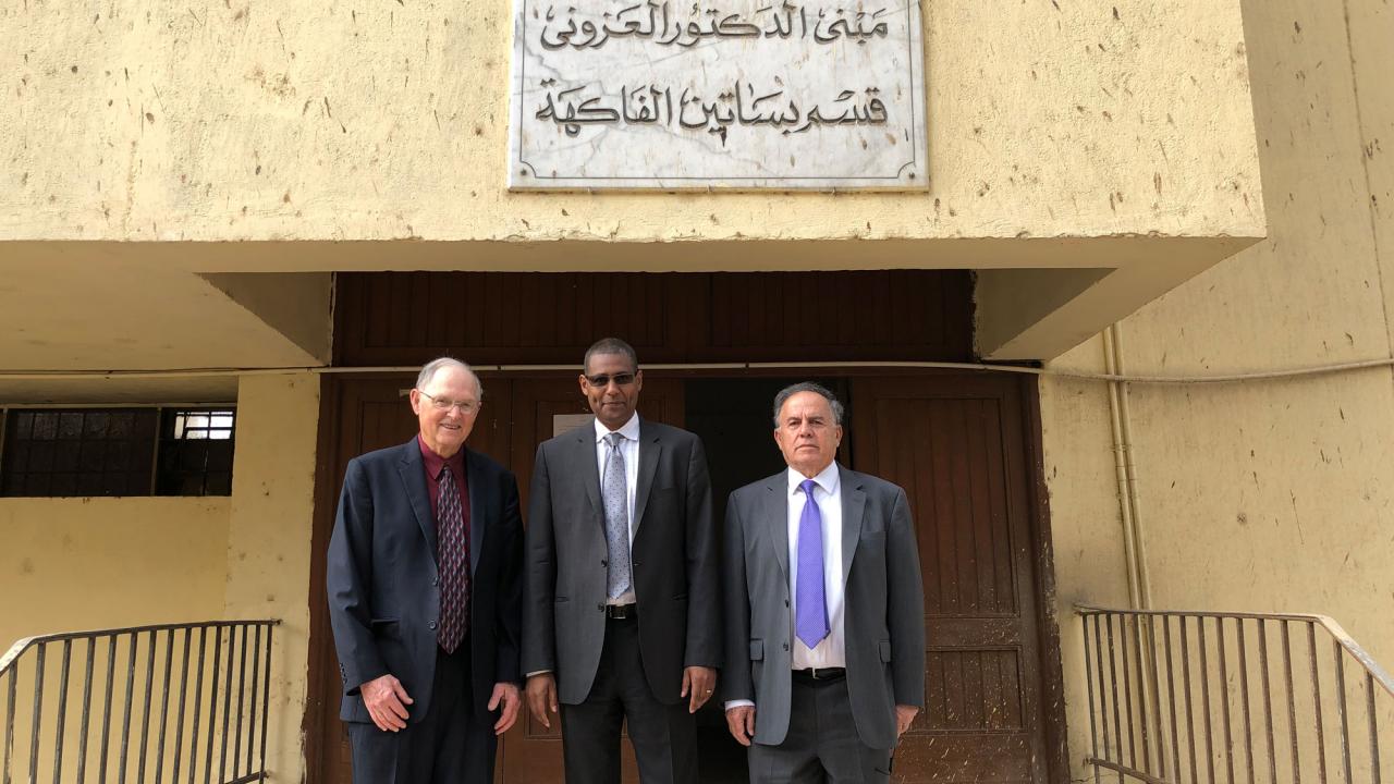 From left to right, UC Davis’ Jim Hill, Ermias Kebreab and Kassim Al-Khatib, standing in front of the “California” building at Cairo University, have all played key roles in strengthening relations with Egypt to improve the country’s agriculture.