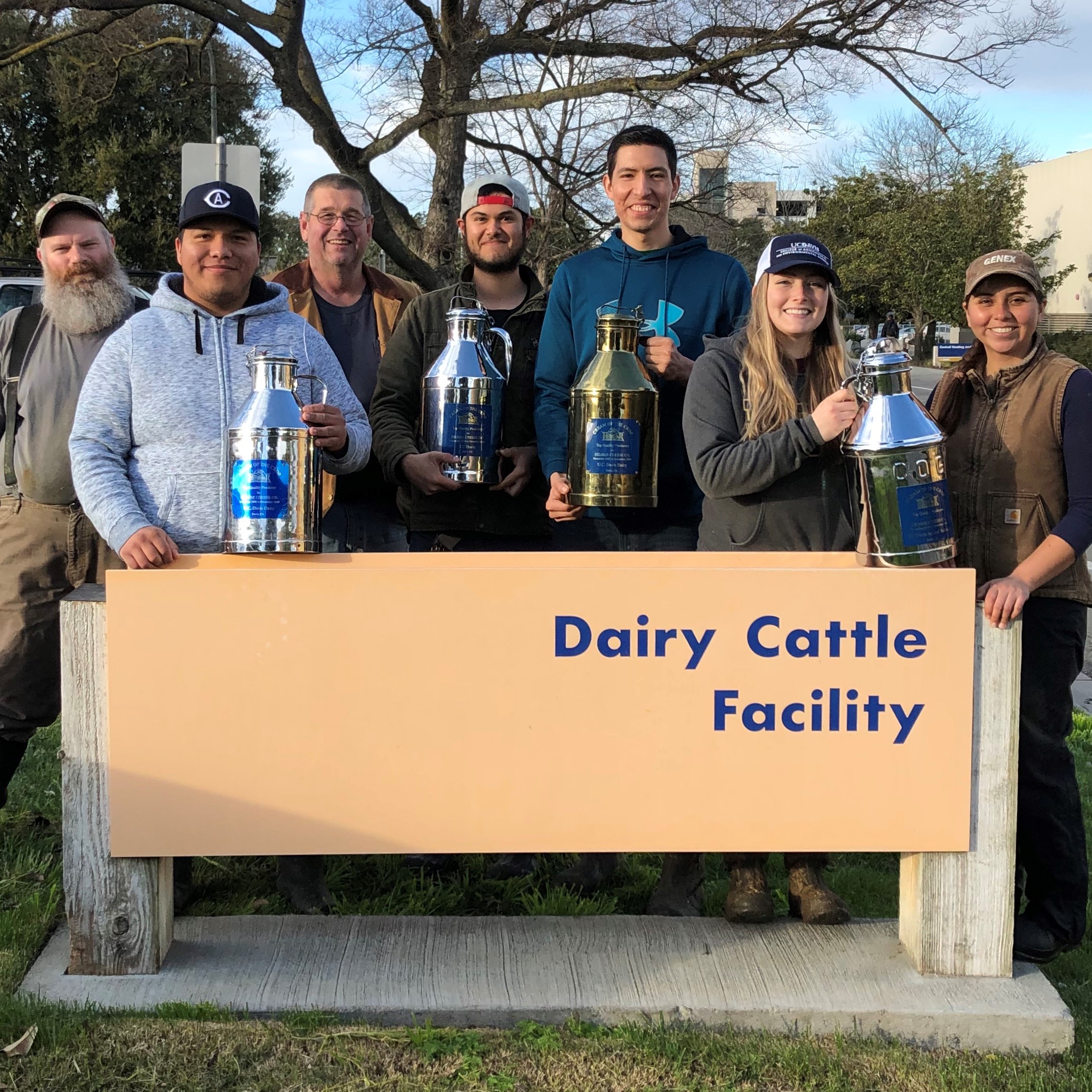 The UC Davis Dairy team from left to right: Paul Domer (staff milker), Eduardo Monteon (student milker), Doug Gisi (manager), Emmanuel Espinoza (student milker), Juan Hernandez (staff milker), Lindsey Smith (student milker) and Maria Patino (assistant manager).