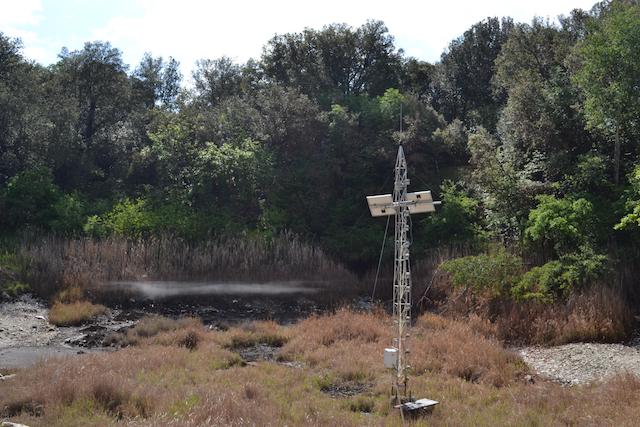 A tower measures the concentration of carbon dioxide in a spring in Italy containing naturally occurring high levels of carbon dioxide. (University of Southampton)