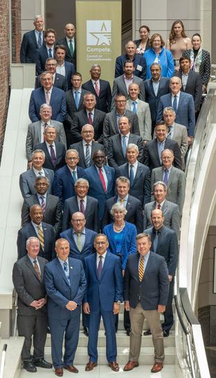 Chancellor May, left, second row from the bottom, in group photo at Aug. 7 launch of the National Commission on Innovation and Competitiveness Frontiers. (Courtesy Council on Competitiveness)