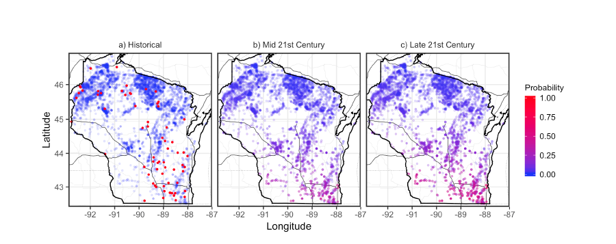 The historic and predicted future distribution of summer fish-kill events in Wisconsin lakes. (a) reported summer kills from 2004-2013, (b) projections for die-offs by 2059, and (c) projections for 2100. (Nature Climate Change) 
