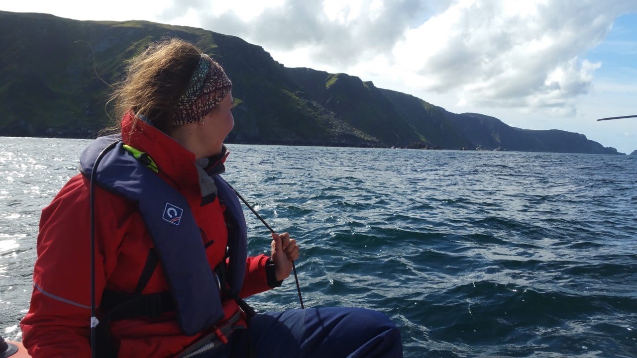 Alexandra McInturf looks for basking sharks during a research expedition in Ireland. (Courtesy Alexandra McInturf)
