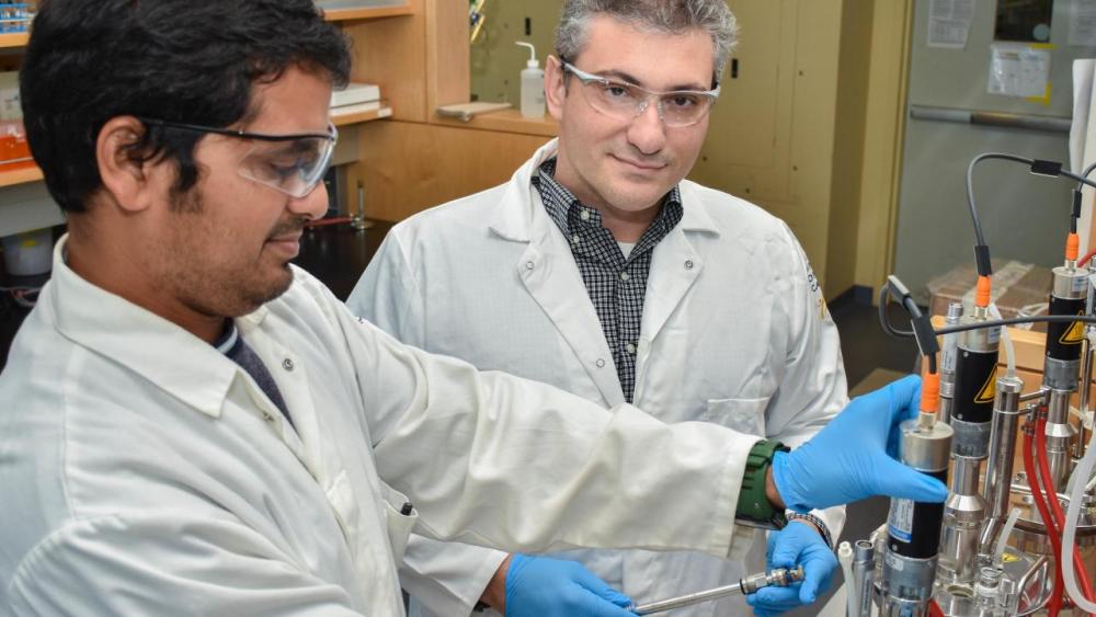 Professor Ilias Tagkopoulos, right, in his laboratory at the UC Davis Genome Center with research specialist Navneet Rai. With a grant from USDA, Tagkopoulos is establishing a new institute for artificial intelligence in food systems.