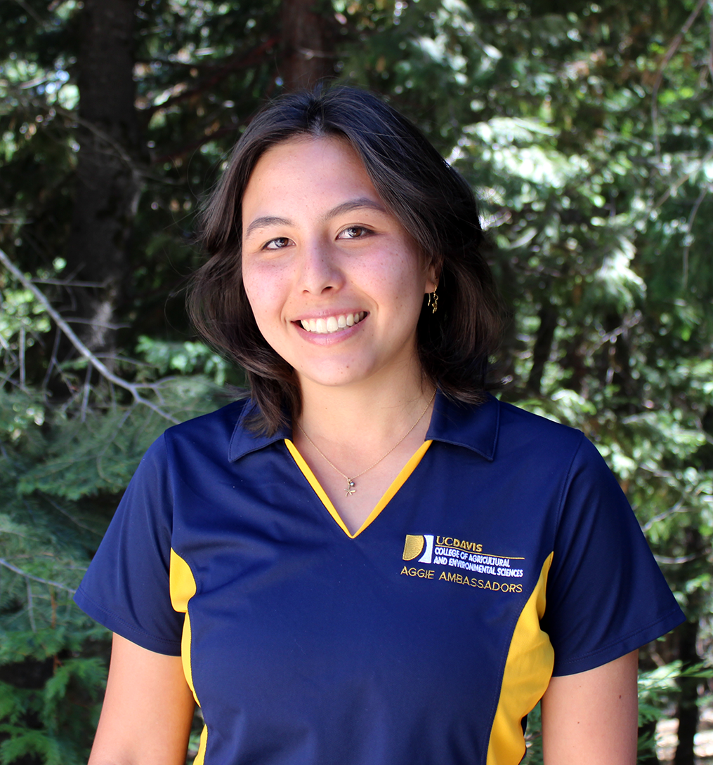 Smiling young woman in navy-yellow polo with university logo, evergreen trees background