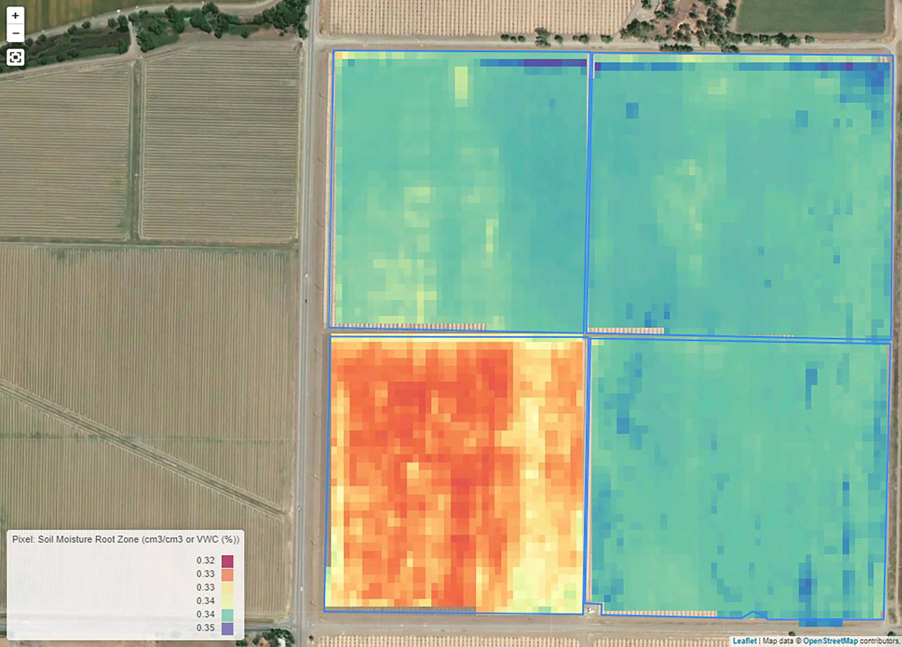 A map of soil moisture derived from satellite remote sensing at Bullseye Farms. The southwest quadrant in orange is the block of the orchard with no cover crops. This shows that block having 1% less soil moisture in the root zone. (Isaya Kisekka/UC Davis)