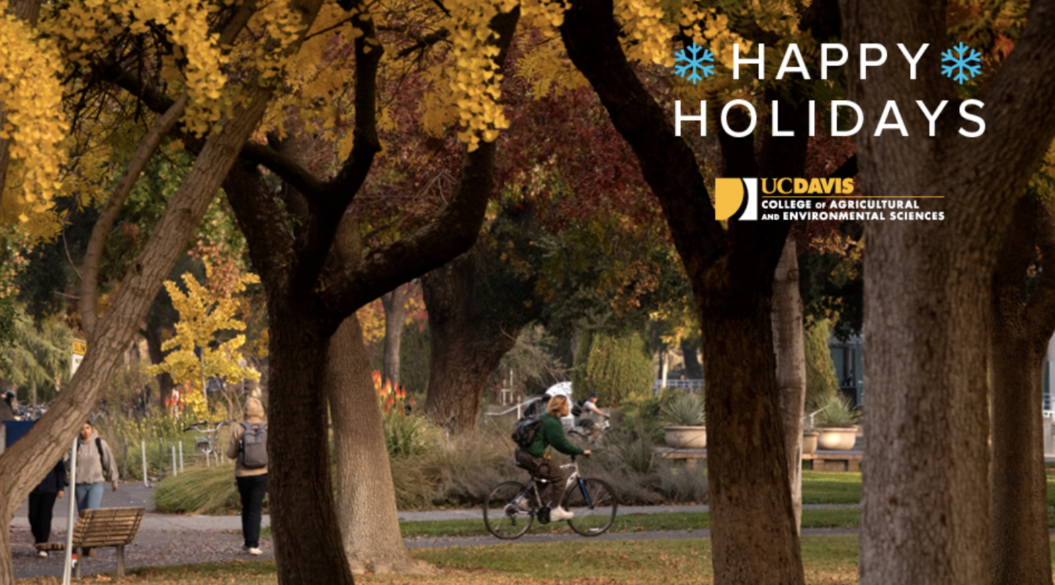 A fall foliage picture with "Happy Holidays" in the upper right corner with CA&ES logo.