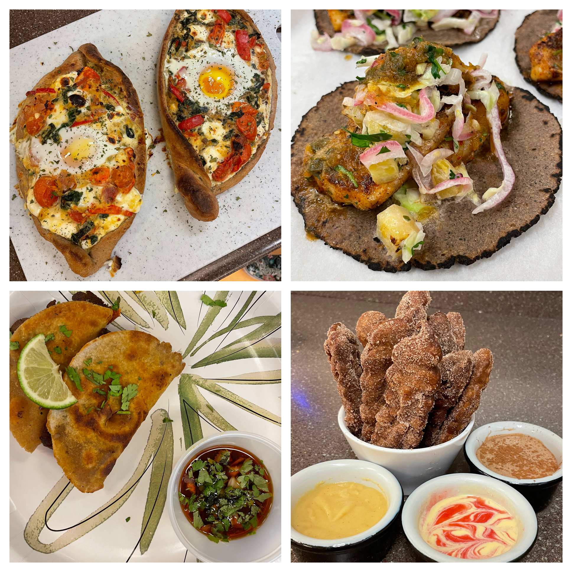 The dishes created by student teams: Georgian cheese bread (top left), cilantro-blackened fish tacos (top right), quesabirria tacos with seitan (bottom left) and cinnamon sugar churros (bottom right). Photos by: Tiffany Dobbyn, UC Davis.