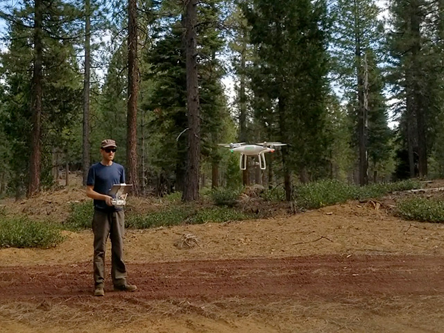 Drone-mounted cameras have gained higher resolution while falling in price, bringing their map-making potential within reach for the pioneering Open Forest Observatory. Derek Young tested this drone in 2020 in the Modoc National Forest, in northeastern California. (Photo by Tara Ursell)