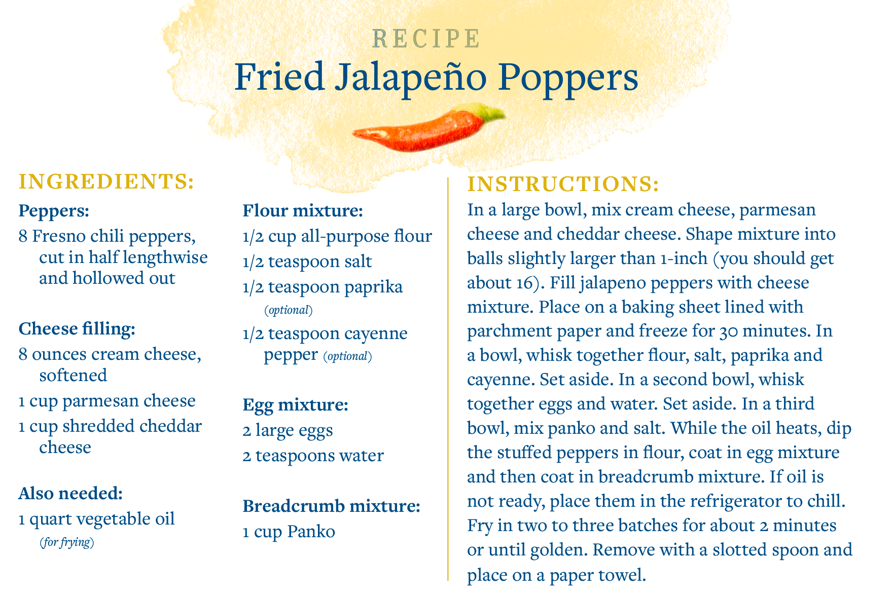 A recipe card for making fried jalapeño poppers.