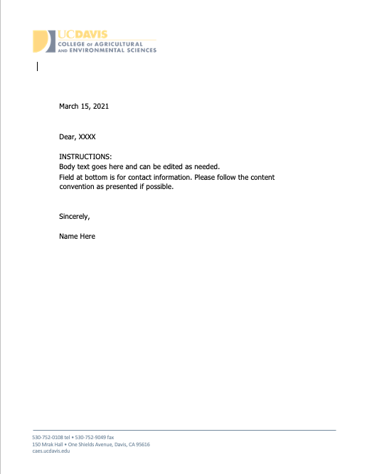 Letterhead document with date, address, and instructions for editing text.