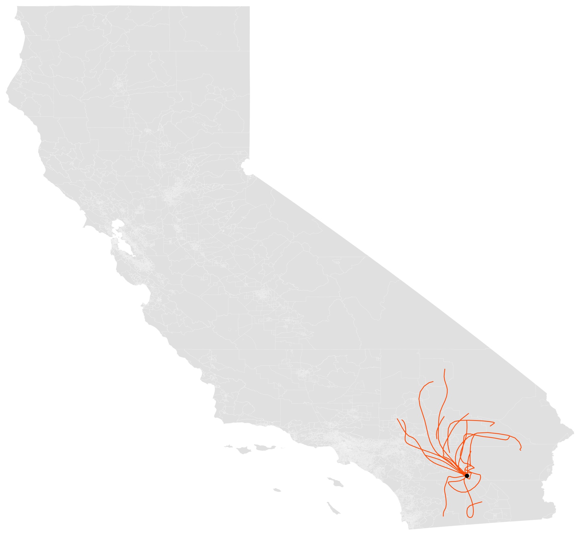 This map shows the path of dust emissions emanating from one point of Salton Sea playa. Researchers used air quality data and a particle movement model to track emissions. (Eric Edwards/ UC Davis)