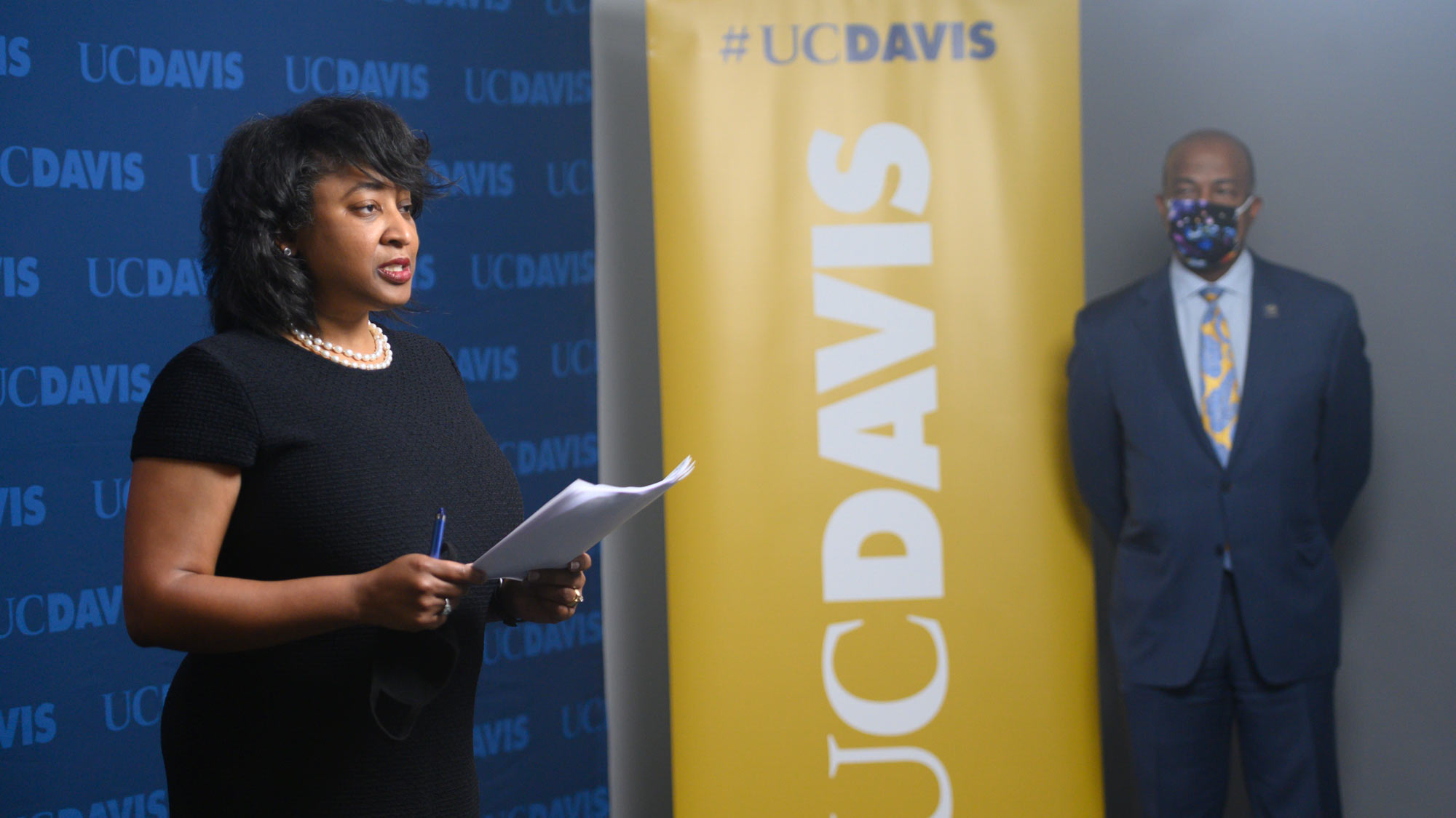 Vice Chancellor Renetta Garrison Tull and Chancellor Gary S. May gave remarks as part of the campus’s online observance of George Floyd’s death, June 2, 2020. (Gregory Urquiaga/UC Davis)