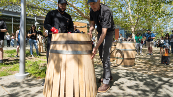 The skill of cooperage is demonstrated at the RMI during Picnic Day on April 15, 2023.  The wine barrels, made of french white oak, are banded with hoops and are toasted to different stage from light to dark.   The demo was done by Tonnellerie O.