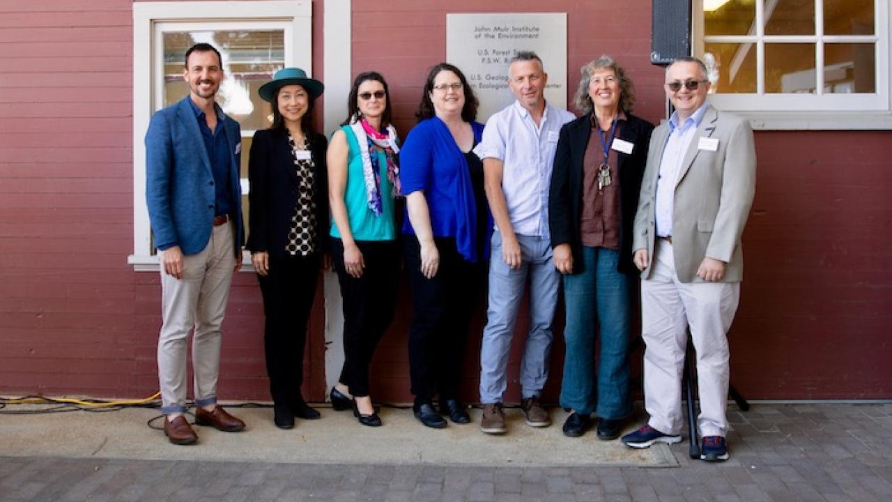 Ben Houlton, director of the Muir Institute, left, and the 2019 Muir Institute Fellows: Ayako Yasuda, Tessa Hill, Laura S. Van Winkle, Mark Lubell, Kate Scow and Majdi Abou Najm. Not pictured: Carson Jeffres. (Lisa Howard/UC Davis)