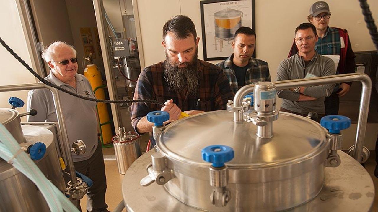Professor Charlie Bamforth, left, and brewer Joe Williams, second from left, confer as beer is brewed in the UC Davis brewery. (Gregory Urquiaga/UC Davis)