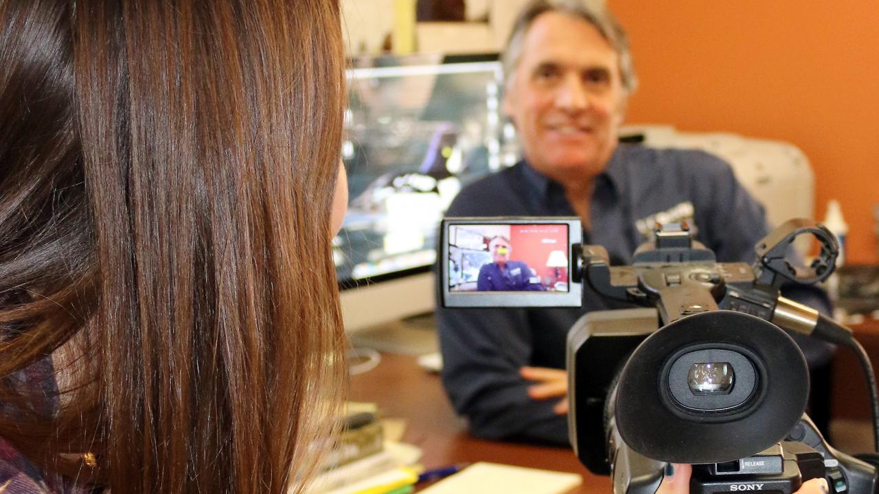 Student Bailey Higa interviews Professor John Eadie for her class video project. (Chris Nicolini | UC Davis)
