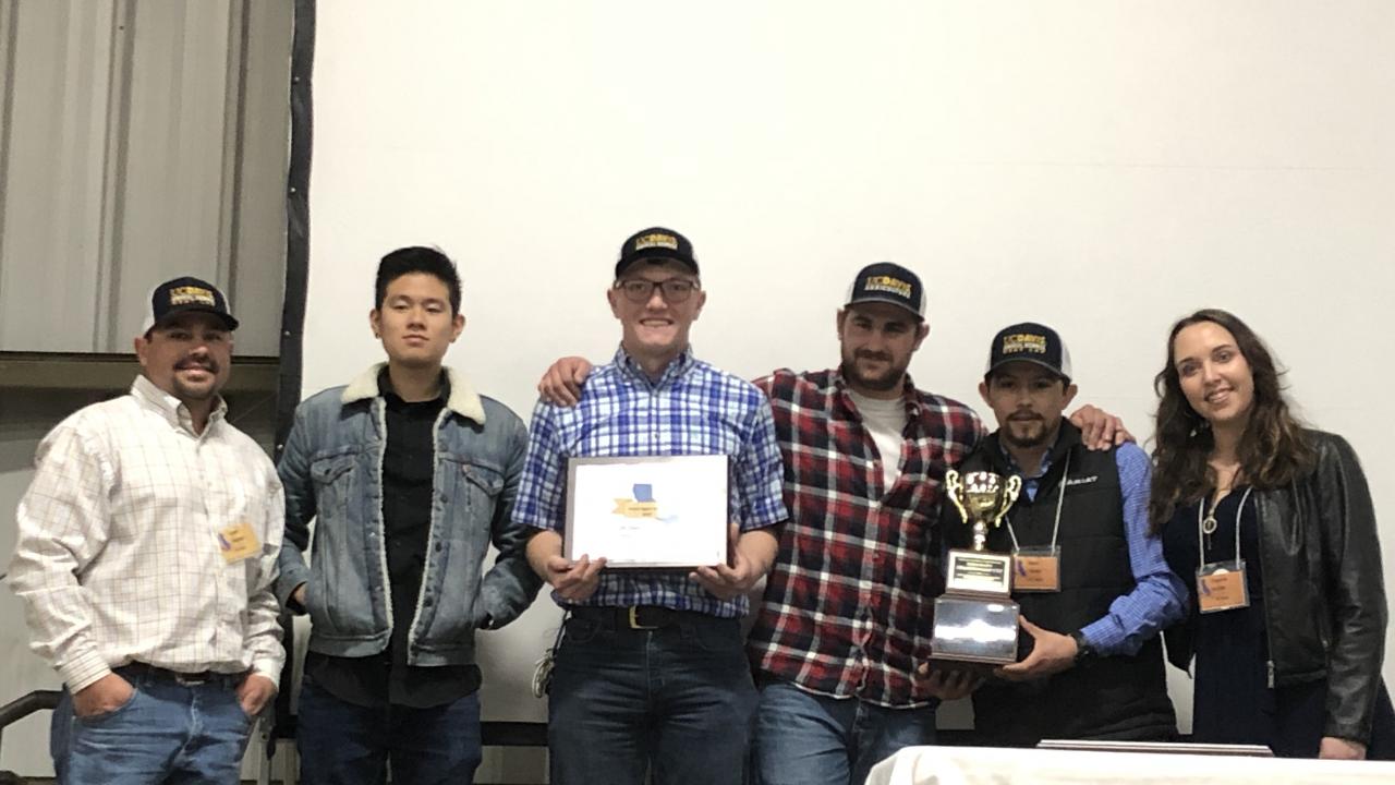 The UC Davis team, from left: Caleb Sehnert, Meat Lab manager and team coach; and student employees Josh Cheng, Jared Hickory, Jackson MacLeane, Mario Valdez (reserve grand champion) and Chyanne Hughes (grand champion).