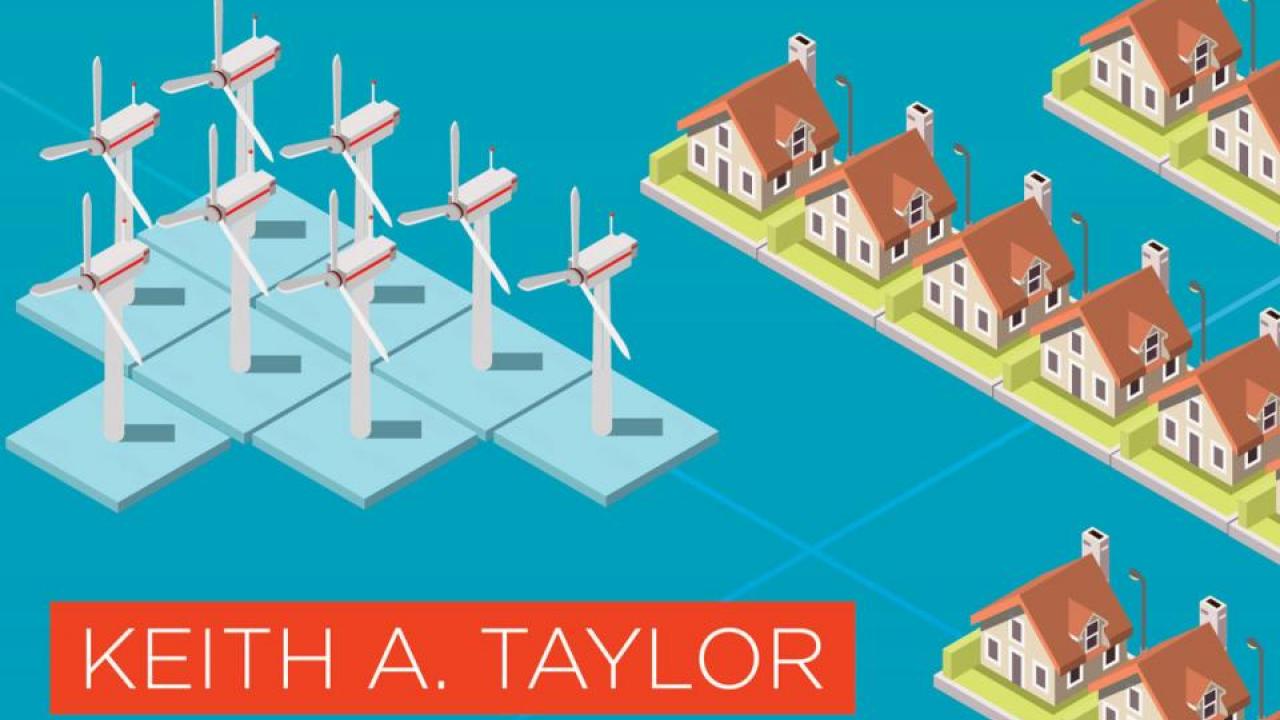 An illustration of wind turbines and homes featured on the cover of "Governing the Wind Energy Commons: Renewable Energy and Community Development."