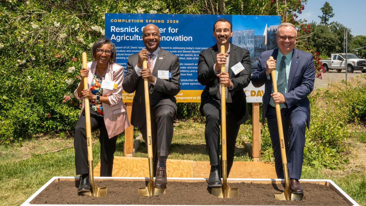 CA&ES Dean Helene Dillard, Chancellor Gary S. May, Wonderful Company’s Chief Operating Officer of Corporate Social Responsibility Andy Anzaldo and Vice Chancellor for Development and Alumni Relations Shaun Keister at the groundbreaking of the Lynda and Stewart Resnick Center for Agricultural Innovation. (José Luis Villegas/ UC Davis)