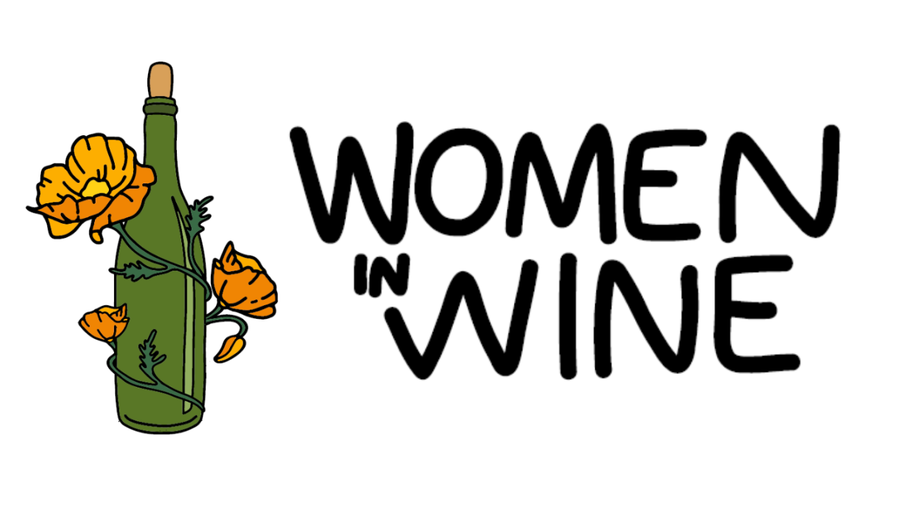 Graphic of wine bottle with orange poppy flowers. Words that read Women in Wine.