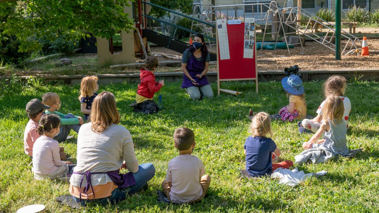 A class is held outdoors at the Early Childhood School Lab last spring, amid the pandemic. (Hector Amezcua/UC Davis)