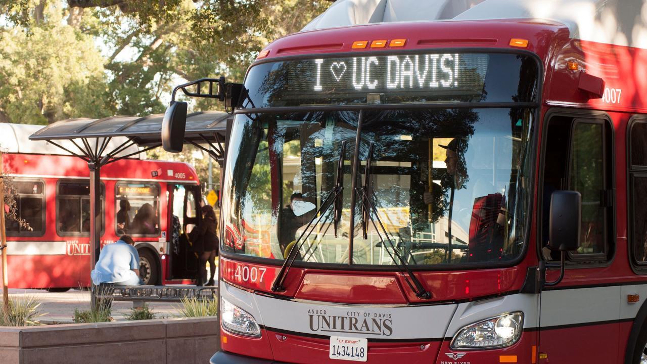 Recent college rankings recognize UC Davis as one of the top public universities in the country and the social mobility it provides for students. A photo taken before the pandemic shows one of the buses that serve the campus and city of Davis. (Greg Urquiaga/UC Davis)