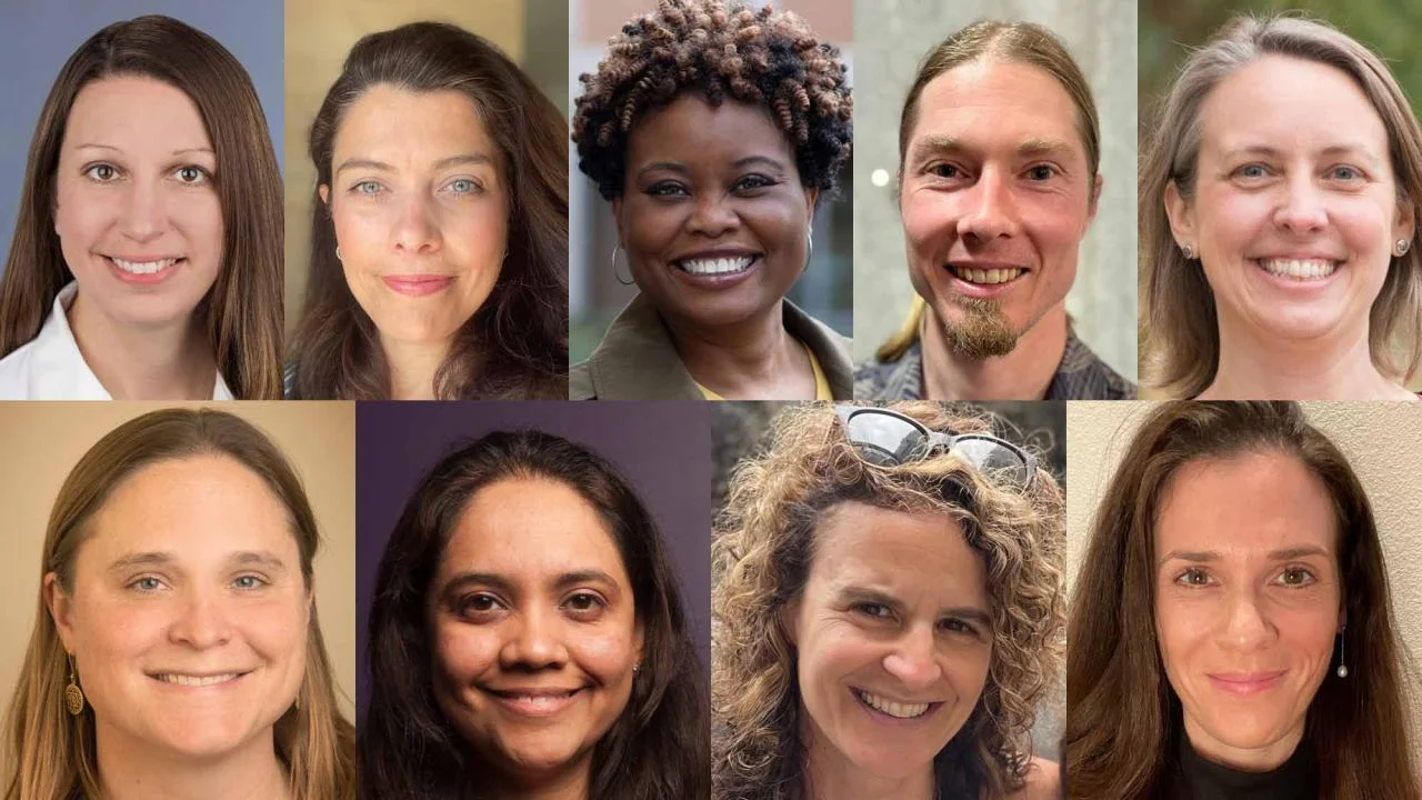 The 2024 Chancellor’s Fellows are, from top left: Brittany Dugger of the Department of Pathology and Laboratory Medicine, Gozde Goncu-Berk of the Department of Design, Irene Joe of the School of Law, Tucker Jones of the Department of Physics and Astronomy, Celina Juliano of the Department of Molecular and Cellular Biology. On the second line, from left, are: Frances Moore of the Department of Environmental Science and Policy, Cindy Rubio González of the Department of Computer Science, Angela Zivkovic of the