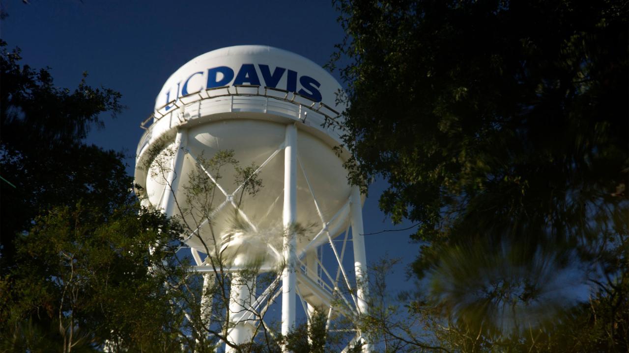 The UC Davis water tower stands tall amongst the trees.