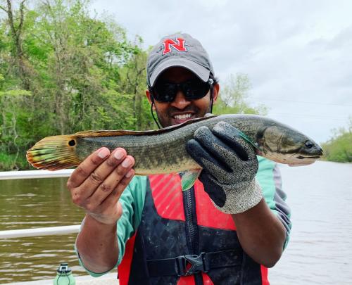 Study co-author Solomon David of Nicholls State University holds a bowfin, another underdog of the native fish world. (Courtesy Solomon David)