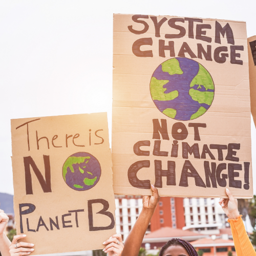 Protest posters at a climate change protest