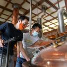 Charlie Thudium, left, and Baoluo Gao observe their ale-in-the-making at Sudwerk Brewing Co. (Karin Higgins/UC Davis)