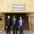 From left to right, UC Davis’ Jim Hill, Ermias Kebreab and Kassim Al-Khatib, standing in front of the “California” building at Cairo University, have all played key roles in strengthening relations with Egypt to improve the country’s agriculture.