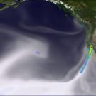 This image shows a simulated atmospheric river event impacting California. Image Courtesy of Paul Ullrich/UC Davis