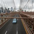 One car drives across New York’s Brooklyn Bridge during this spring’s shelter-in-place directives. (Getty)