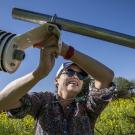 Beth Forrestel, an assistant professor and plant biologist in the Department of Viticulture and Enology, installs a digital monitor at a vineyard that belongs to Warren Winiarski