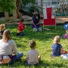 A class is held outdoors at the Early Childhood School Lab last spring, amid the pandemic. (Hector Amezcua/UC Davis)