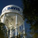 The UC Davis water tower stands tall amongst the trees.