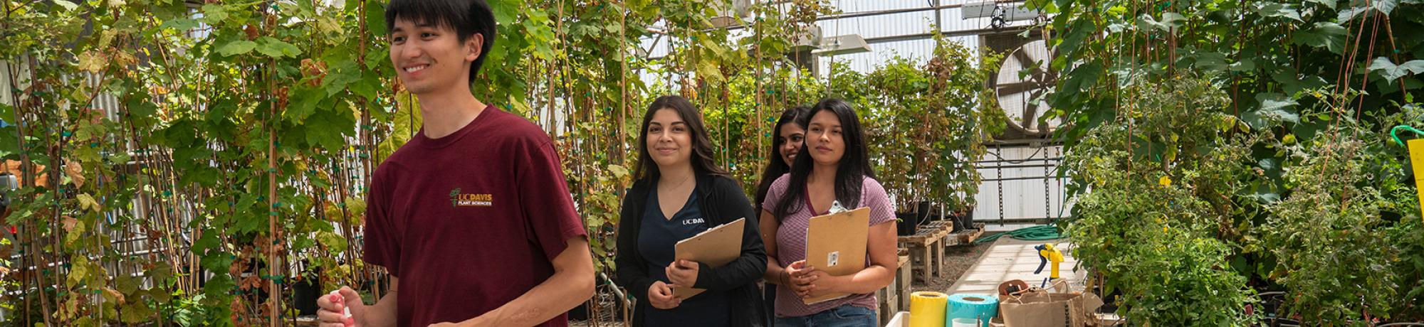 Student interns working in the campus greenhouses.