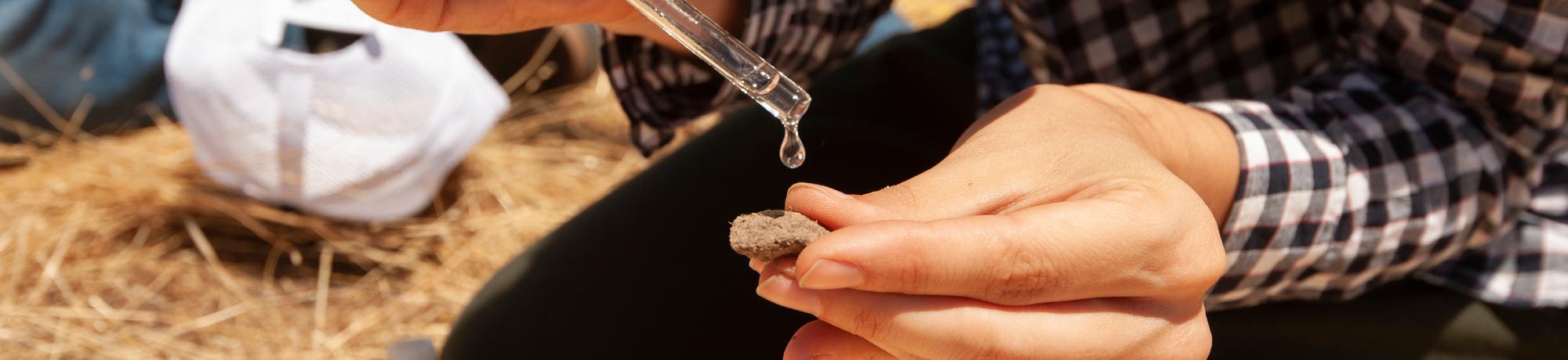 A drop of water is added to a dry piece of soil for testing.