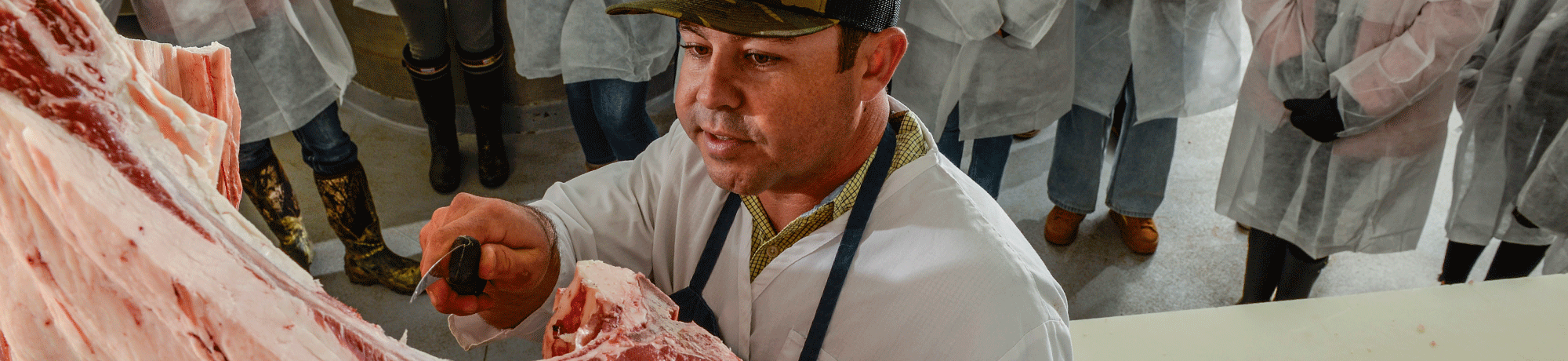 A man uses a nice to illustrate how to butcher meat.